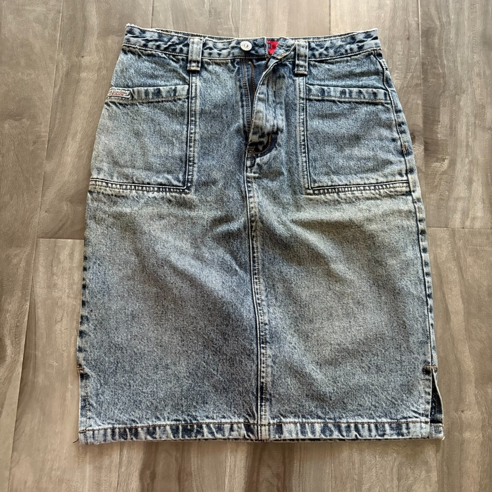 Vintage Benxiaohai Acid Wash Denim Skirt High Waist Pockets Midi Blue Size‎ 27W
